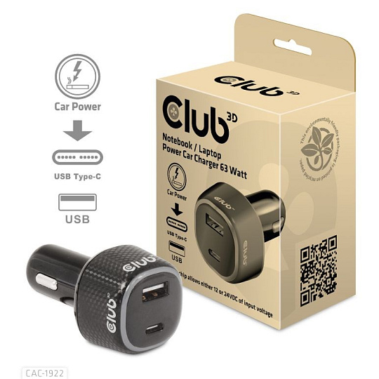 BAZAR - Club3D Auto nabíječka pro Notebooky 63W, 2 porty (USB-A + USB-C) - Poškozený obal (Náhradní krabice) BAZAR - Club3D Auto nabíječka pro Notebooky 63W, 2 porty (USB-A + USB-C) - Poškozený obal (Náhradní krabice)