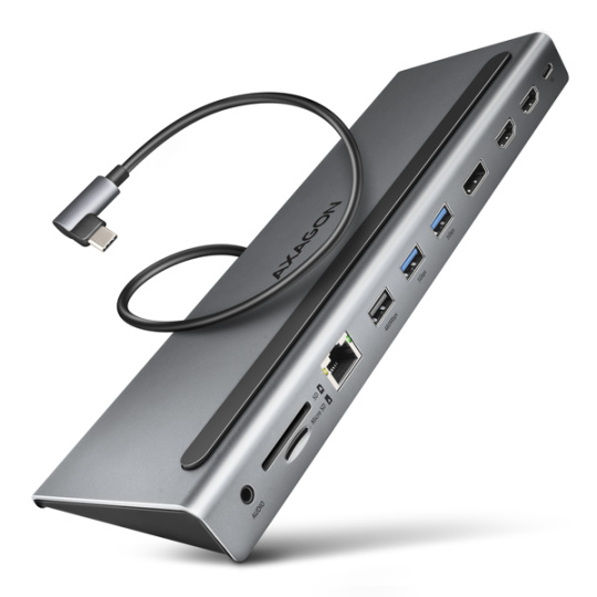 AXAGON HMC-4KX3 USB 5Gbps hub, 3x USB-A, 2x HDMI, DP, RJ-45 GLAN, SD/microSD, audio, PD 100W, kábel USB-C 40cm