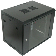 XtendLan 19" nástěnný rozvaděč 9U, šířka 600mm, hloubka 450mm, nosnost 60 kg, skleněné kouřové dveře, rozložený, černý