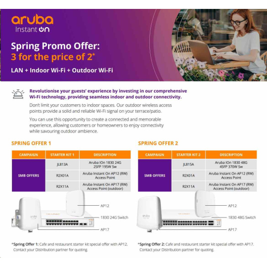 Aruba Instant On 1830 24G 12p CL4 PoE 2SFP 195W (JL813A) + AP12 Access Point (R2X01A) + AP17 Access Point (R2X11A)