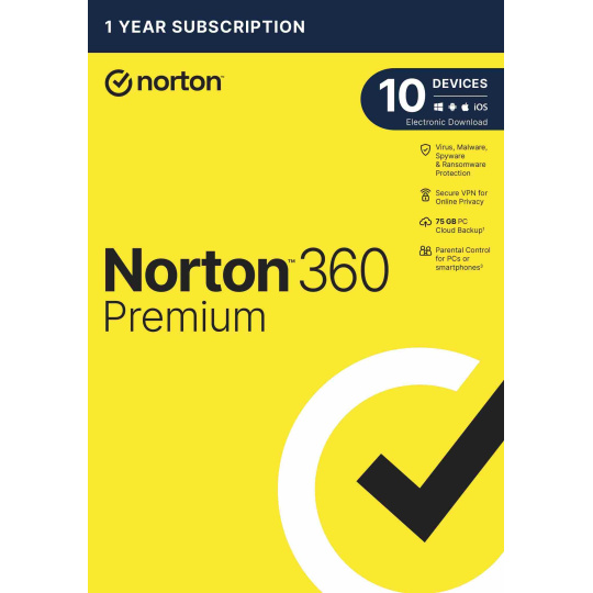 NORTON 360 PREMIUM 75GB +VPN 1 používateľ pre 10 zariadení na 1 rok ESD