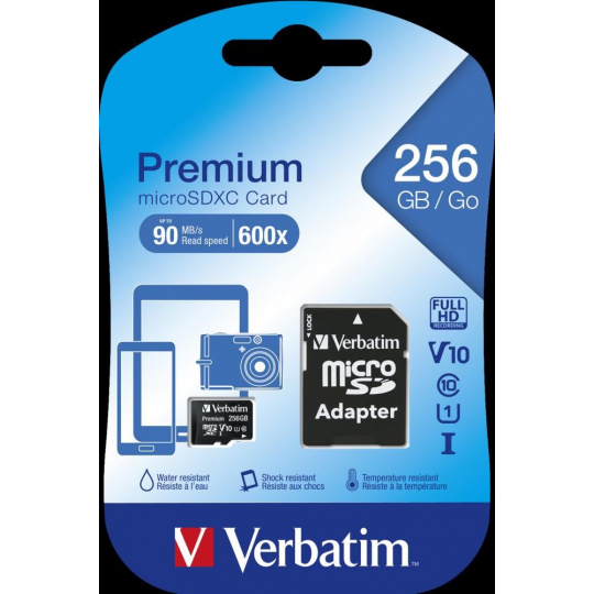 Karta VERBATIM MicroSDXC 256GB Premium, U1 + adaptér